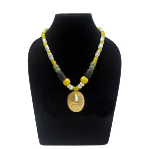 Rustic Yellow Green White and Black Beaded Necklace with Brass Head Pendant - Ethnic Inspiration